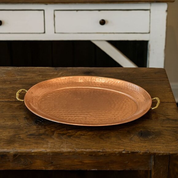 Vintage Hammered Copper Serving Tray with Brass Handles by ODI India Home Decor - Picture 1 of 6